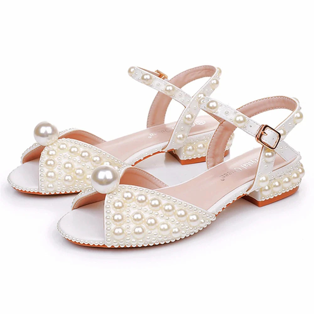 Summer new 2-cm square-heeled silk ribbon pearl rhinestone low-heeled wedding shoes beaded lace-up flat large-size women sandals