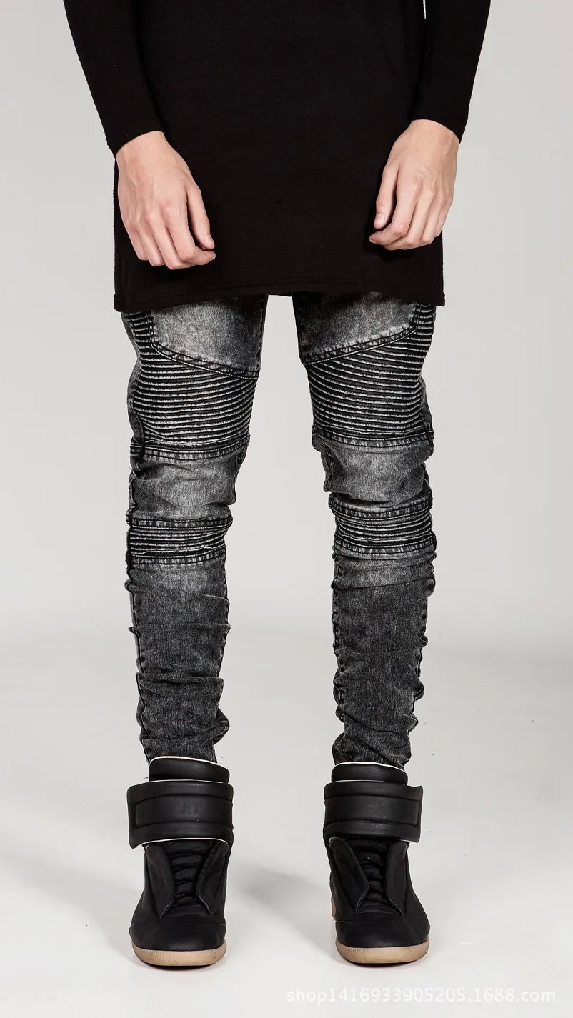 Streetwear Men Skinny Biker Jeans homme Men's fashion Motorcycle Moto Hip hop Denim Pants Joggers Runway men's Elastic JEANS