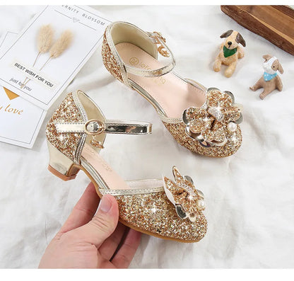 Children's Sandals for Party Wedding Elegant Bowknot Kids Girls Versatile Sequins High-heels Fashion Pearl Princess Single Shoes