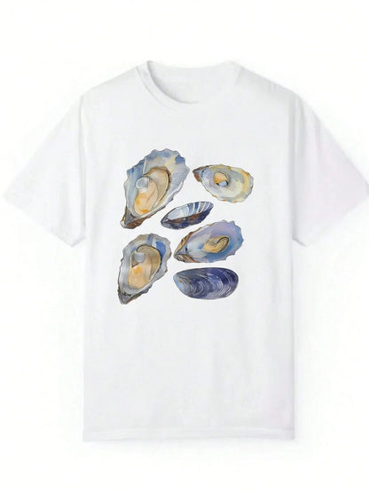 Beautiful Shell Pattern Print T-shirt American Ins Casual Regular Women Street Clothing Comfortable Y2k Loose T-shirt Tops