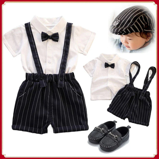 Gentleman Baby Boss Suit White Polo Shirt Stripe Straps Shorts Set 1st Birthday Outfit for Baby Kids Boys Wedding Party Tuxedo
