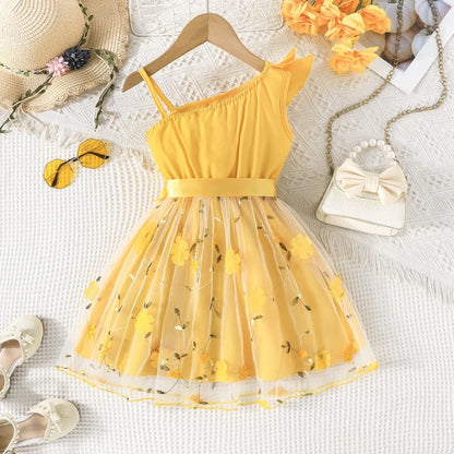 Girls Baby England Style Dresses Kids Lotus Leaf Sloping Shoulder Suspender A-line Skirt Summer Children Fashion Party Clothes