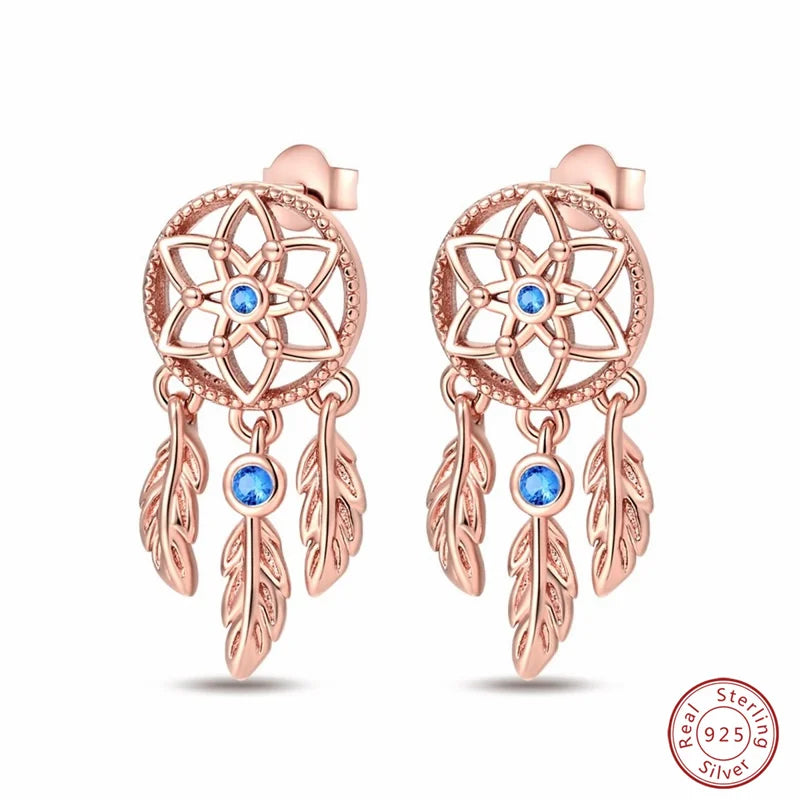 New in 925 Silver Romantic Feather Moon Stars Dream Catcher Earrings For Women Trending Fashion Jewelry Creative Birthday Gifts