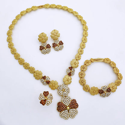 Dubai Nigeria Jewelry Sets For Women Luxury Design Five Petals Flower Pendant Necklace Earring Bracelet And Ring