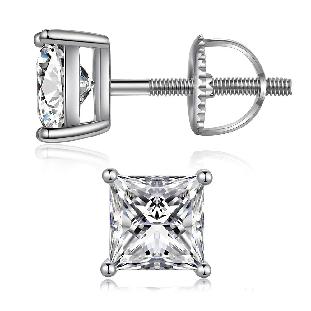 1/2/3/4carat Princess Cut Moissanite Stud Earrings Screw Back 925 Sterling Silver Square Diamond Stud Earring for Women Men Gift
