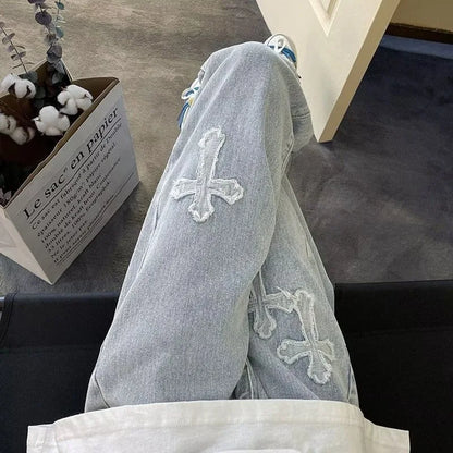 Vintage Men's Straight Jeans Cross Embroidery Casual Jeans Denim Loose Hip Hop Four Seasons Fashion Streetwear Pants Black Blue