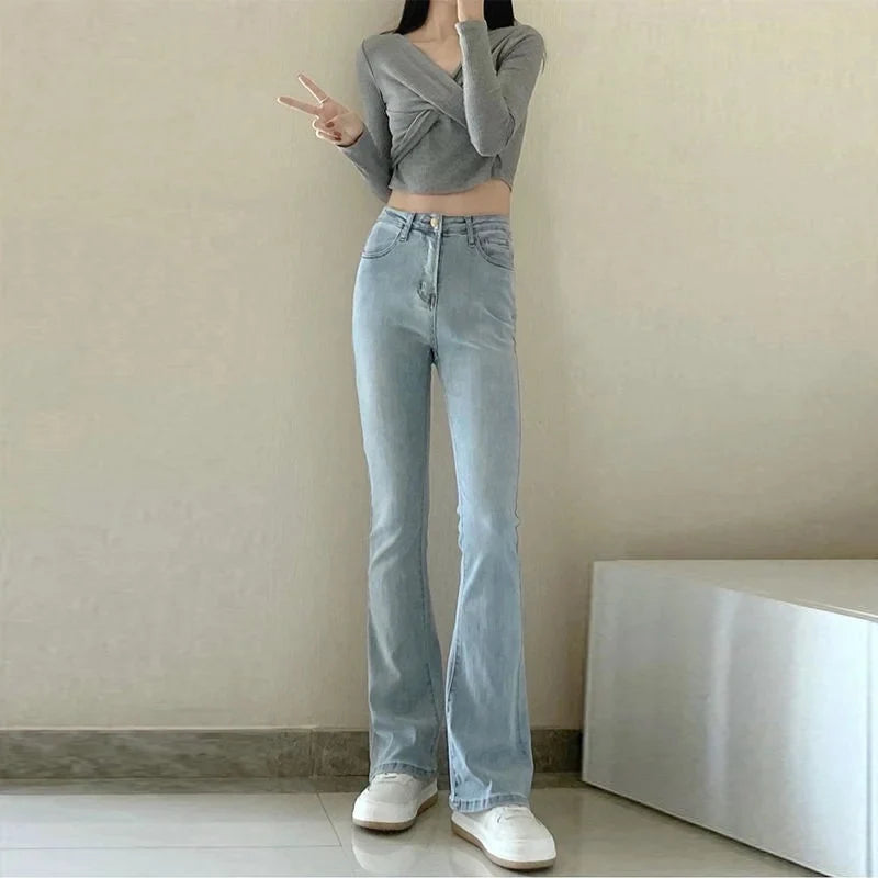 High-waist Elastic Slim Fit Street Style Straight Crotch Bell Bottoms