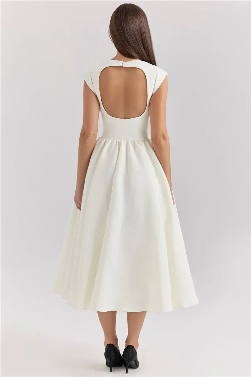 Women Circle Cut Out Back Dress Wide Shoulders and Fitted Waist Prom Dress Fluffy Hem Midi Wedding Party Dresses