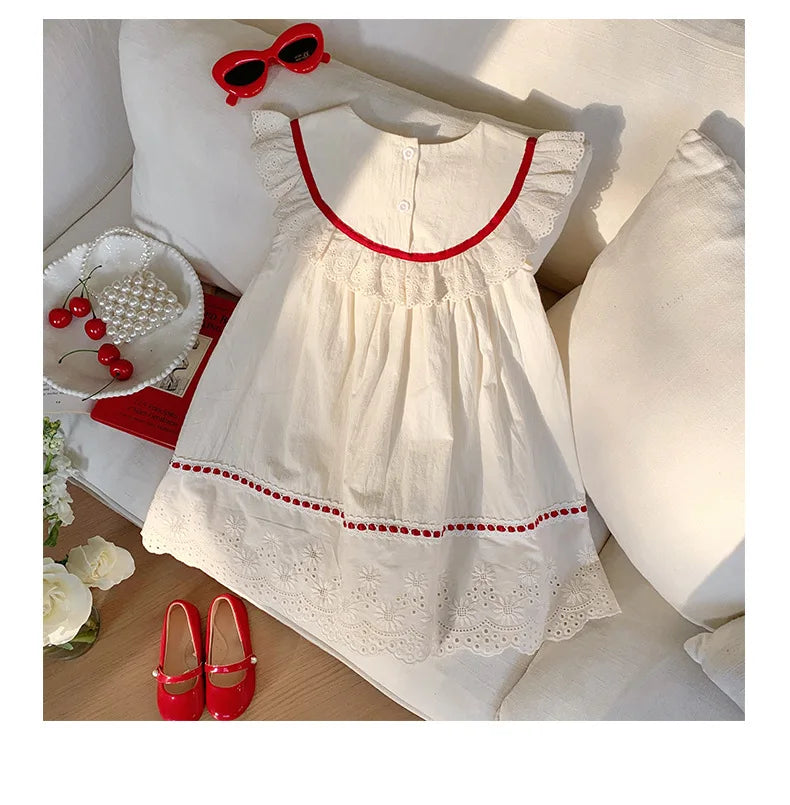 Kid Girl Exquisite Dress Ruffled Lace Collar Trimmed in Red Ribbon Red Dotted Lace Cut Out Embroidery on The Skirt for Children