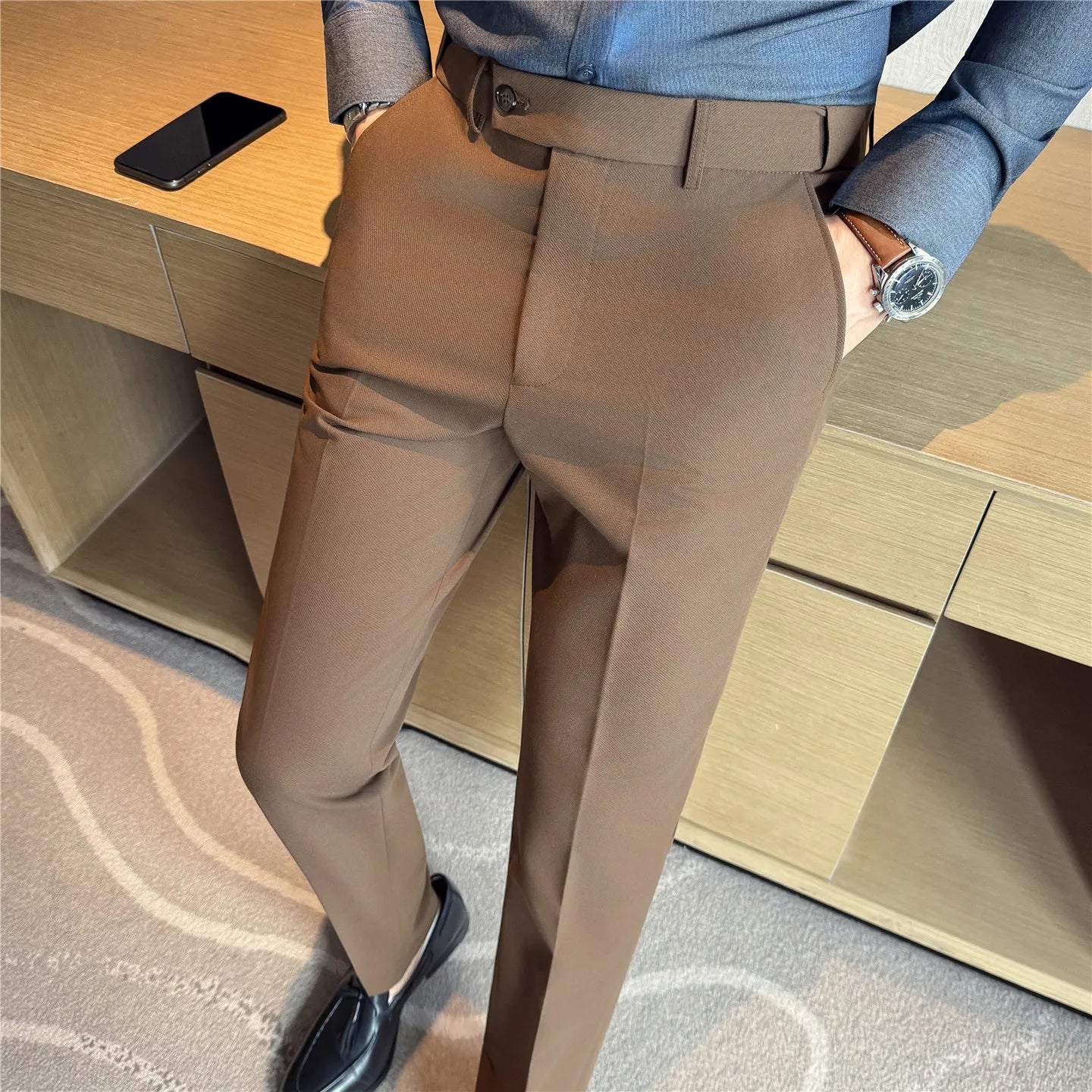 Autumn Winter High Quality Suit Pants Men Solid Color Elastic Waist Slim Fit Smart Casual Wrinkle Free Suit Trousers Mens Pant
