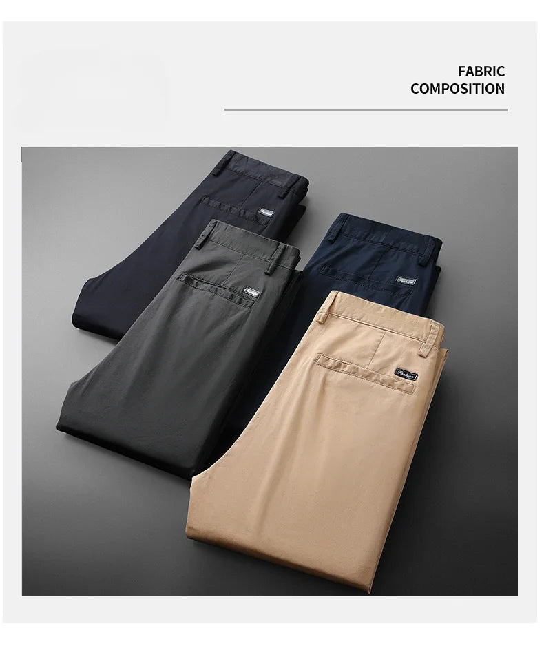 New Men's Business Cotton Thin Straight Pants Casual Elastic Slim Comfortable Male Brand Trousers Black Gray Khaki Royal Blue