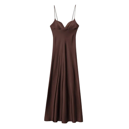 Women Red V-Neck Holiday Style Satin Texture Long Dress Sleeveless Summer Women's Back Zipper Fashion Sling Dresses