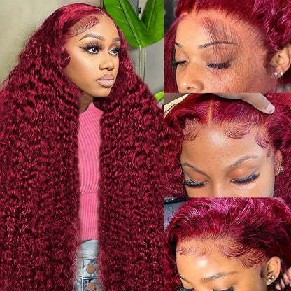 99J Burgundy Lace Front Wigs Human Hair 13x6 Deep Wave HD Lace Frontal Wigs Pre Plucked Human Hair Curly Wigs for Women 36 Inch