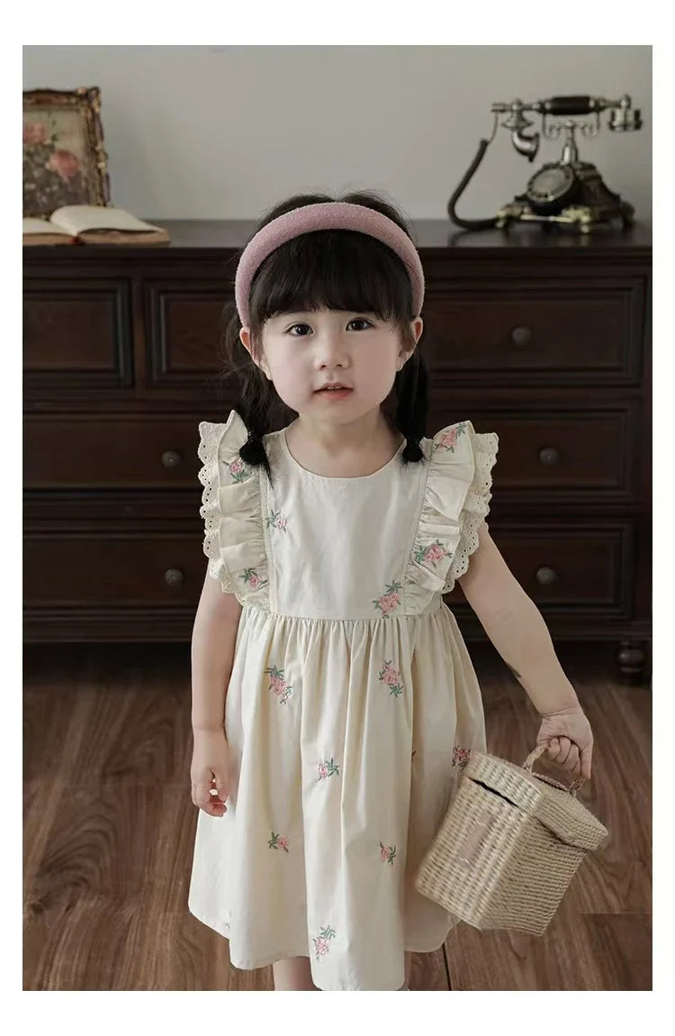 Summer Girls Dress Children's Clothing Bow Embroidered Flower Collar Girl's Dress Cartoon Printed Flying Sleeves Princess Dress
