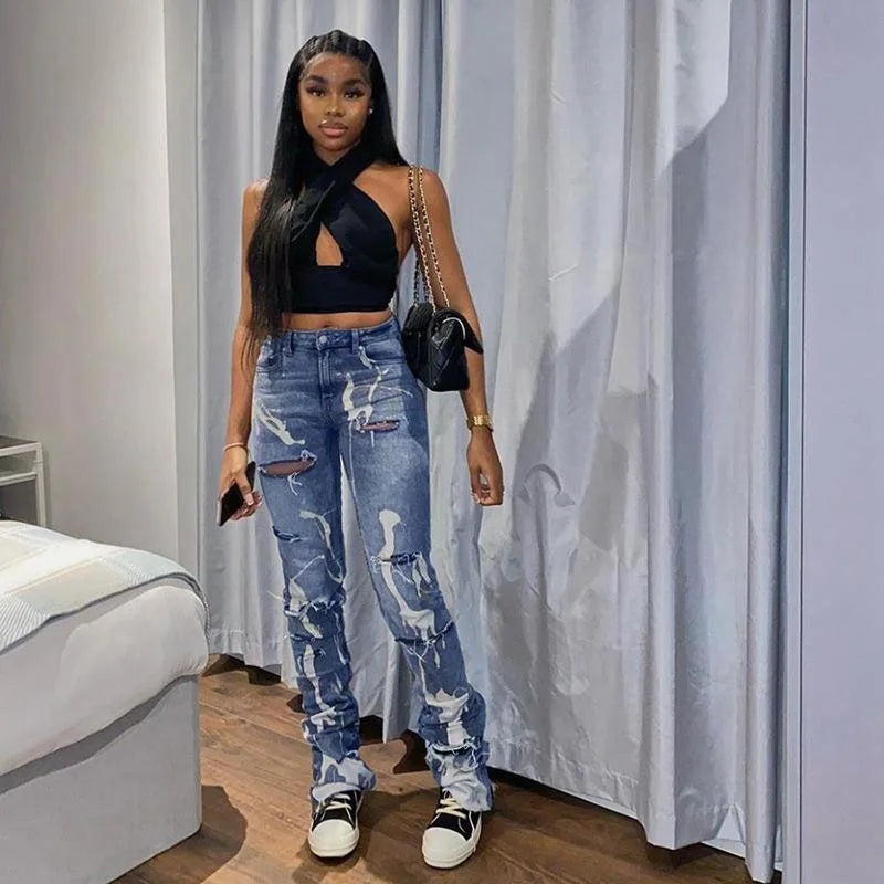 Women Fashion Gray Print High Waist Denim Skinny Trousers