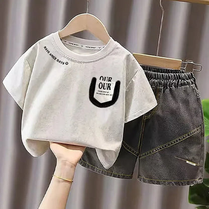 Boys Summer 2Pcs Outfit Casual Letter Print Short Sleeve T-shirt + Elastic Waist Denim Shorts Kids Streetwear Clothes Set 2-7Y