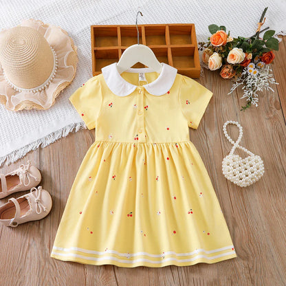 Baby Girls Summer Dress Short Sleeved Turn Down Collar Cotton Clothes for Girls Aged 2-6 Years Kids Dresses