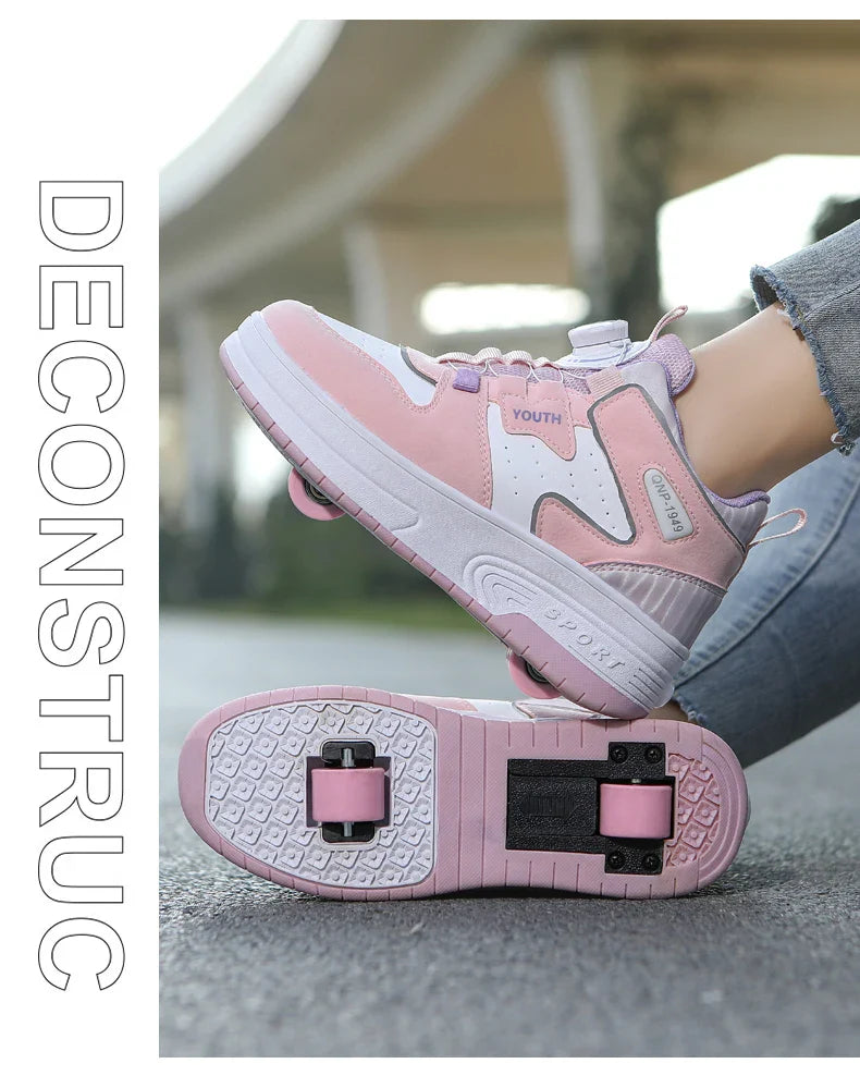 Children's walking shoes 2024 new double wheel invisible roller skates young primary school children big child swivel buckle