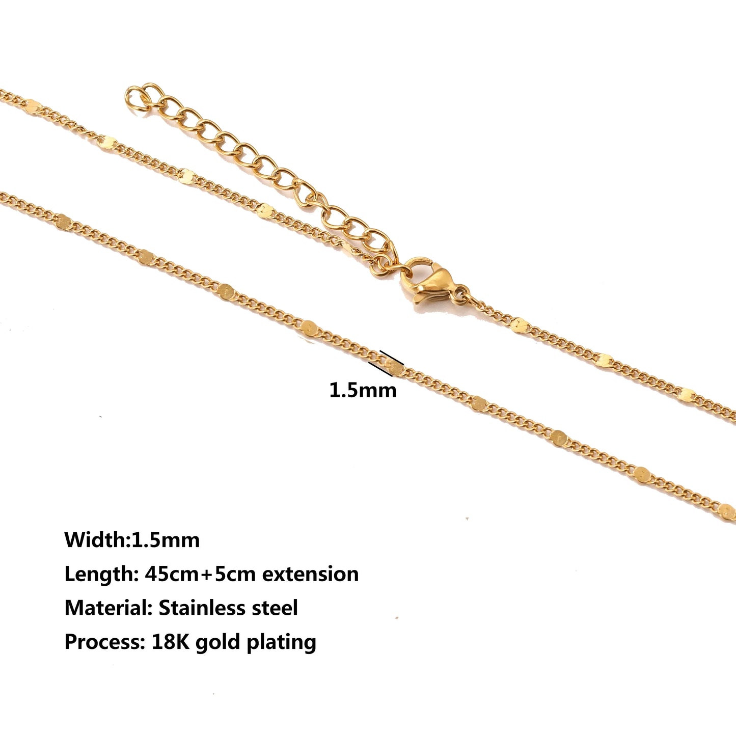 5pcs Stainless Steel Bead Chain Cuba Cross O Ripple Chain Necklace Plated Gold 45CM Adjustable Chain Lobster Clasp DIY Necklace