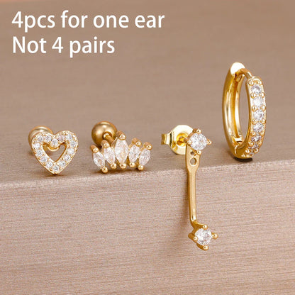 4PCS Stainless Steel Circle Huggie Hoop Earrings Set for Women Gold Color Unique Zircon Flower Stud Earring Piercing Jewelry