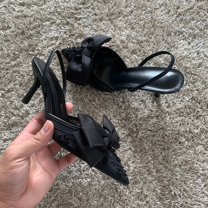 New Designer Thin High Heels Women Bow String Bead Pointed Slingback Mules Pumps Mesh Embroider Elegant Dress Sandals Female