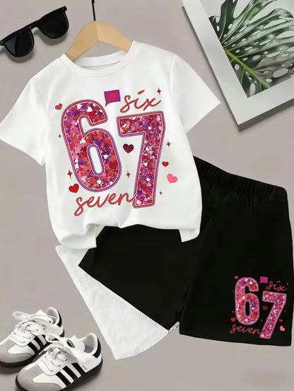 2026 New Cool 67 Funny Printed Kids T-Shirt Shorts Sports Set Fashion Children's Clothes Casual Boy Girl Short Sleeve Shorts Set