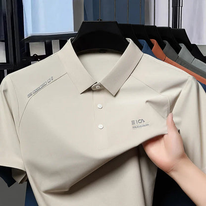 High quality ice silk short sleeve polo shirt cool breathable fashion brand letter printed summer casual men's lapel T-shirt
