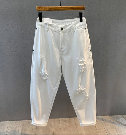 2023 Spring and Autumn New Fashion Solid Color Ripped Jeans Men's Casual Loose Comfortable High-Quality Large Size Trousers 36