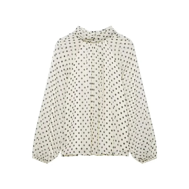 Elegant Women Polka Dot Blouse, Spring Bow Tie Lantern Sleeve Layered Neck Chiffon Shirt, Casual Daily Office Top
