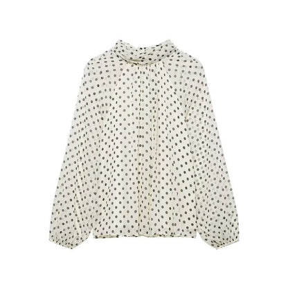 Elegant Women Polka Dot Blouse, Spring Bow Tie Lantern Sleeve Layered Neck Chiffon Shirt, Casual Daily Office Top