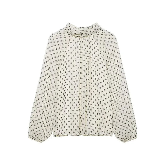 Elegant Women Polka Dot Blouse, Spring Bow Tie Lantern Sleeve Layered Neck Chiffon Shirt, Casual Daily Office Top