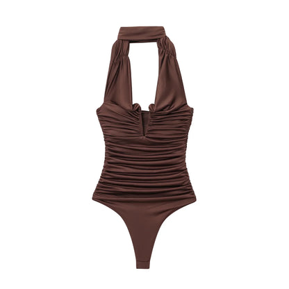 2025 Women Sexy Off Shoulder Solid Pleated Slim Bodysuits Ladies Soft Slim Swimsuit Playsuits Mujer Rompers LS9375