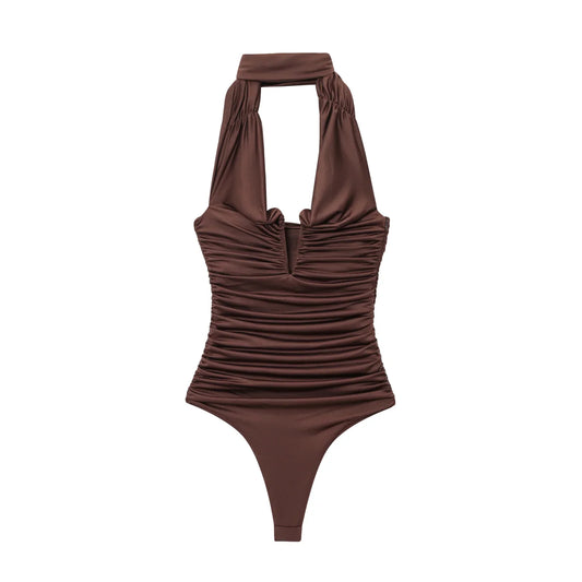 2025 Women Sexy Off Shoulder Solid Pleated Slim Bodysuits Ladies Soft Slim Swimsuit Playsuits Mujer Rompers LS9375