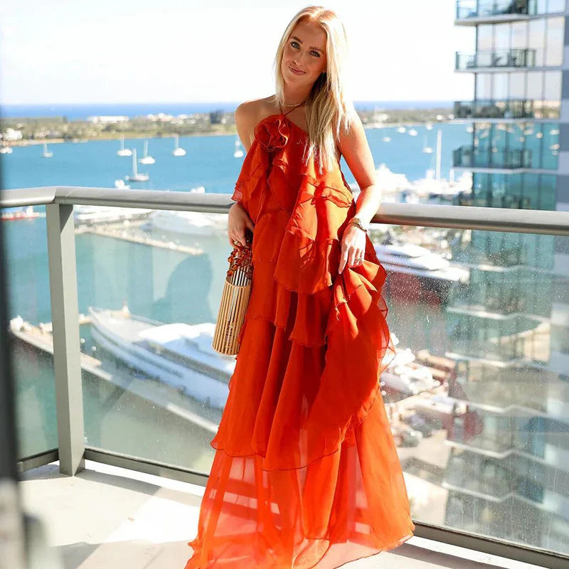 3d Floral Maxi Dress Loose Pleated Hem Halter Robes Sleeveless Ruffles Edge Party Vestidos Lady Summer Gown Clothes