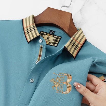 Summer novel men's high-end lace collar B-shaped short sleeved polo shirt, comfortable and casual business T-shirt