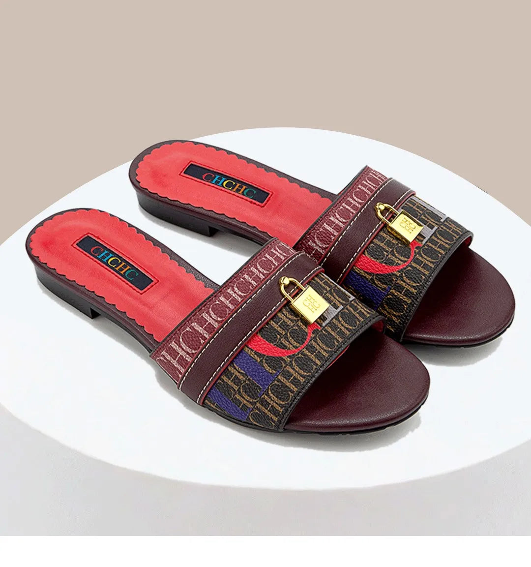 High Quality Metal Lock Monogram Print Women's Low Heeled Slippers Delicate and Versatile Women's Fashion Slippers