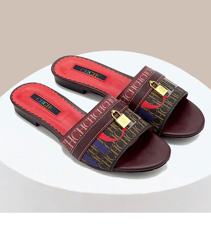 High Quality Metal Lock Monogram Print Women's Low Heeled Slippers Delicate and Versatile Women's Fashion Slippers