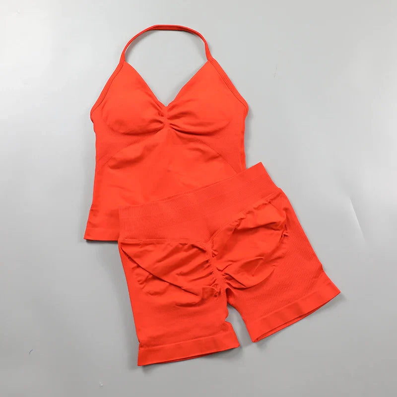Yoga Longline Strappy Top Leggings Set Women's Backless Camisole Built-In bra Vest High-Waisted Hip Lift Gym Shorts Sports Set