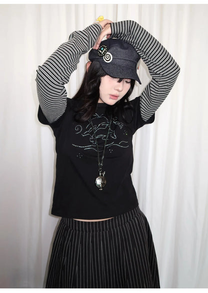 Y2k Vintage T-shirt Women Long Sleeve Patchwork Japanese 2000s Grunge Tops Streetwear American Retro Print Graphic Tops