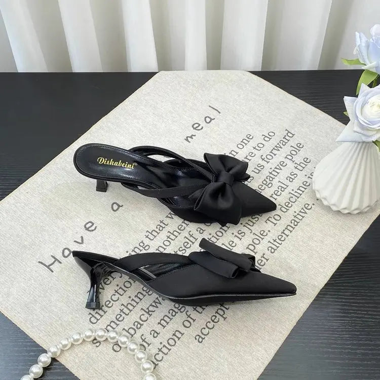 Fairy Style Pink Cool Slippers for Women's Summer 2024 French Pointed Bow Hollow High Heels, Half Wrapped Women's Slippers