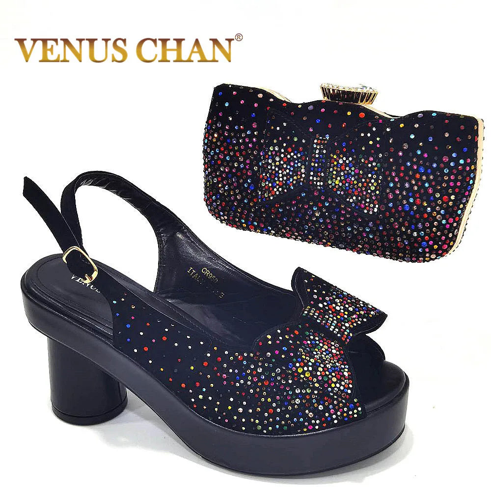 Silver Fashion Square Heels with Platform African Women Shoes and Bag Set Full Crystal Pumps for Wedding Party
