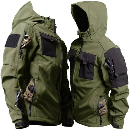 Mens Thicken Tactical Set Windproof Waterproof Outdoor Suit Soft Shell Multi-Pocket Hooded Jackets+Fleece Work Pants 2-piece