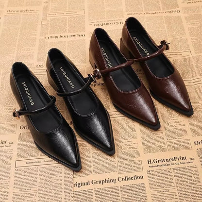 All-Season Women's Chunky Heel Mary Jane Flats - Patent Leather Shallow Cut High Heels,  Metal Buckle Decor Commuter Shoes