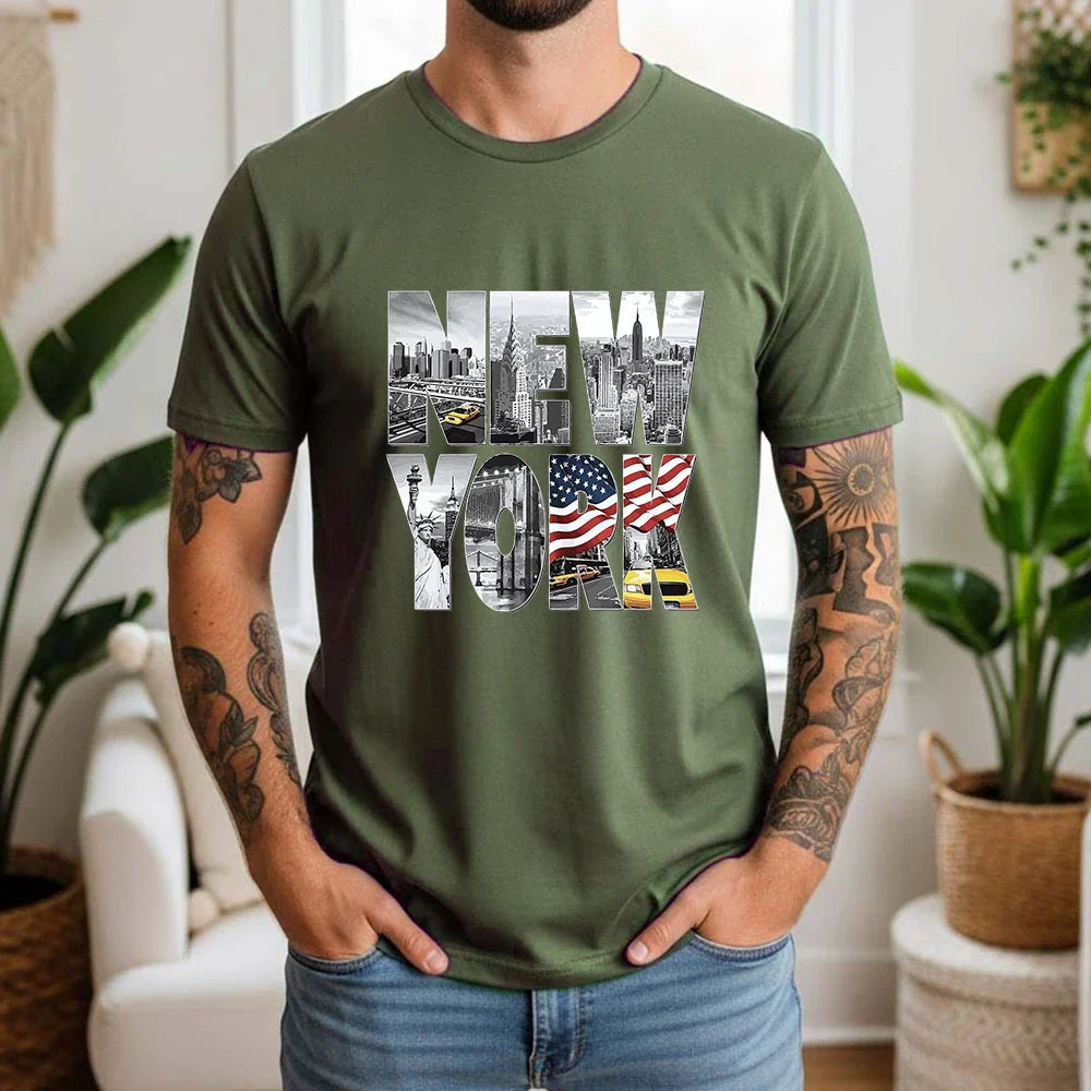 New Summer 100% Cotton T-Shirt New York City Landmark Letter Retro American Street Style Oversized Breathable Short Sleeve