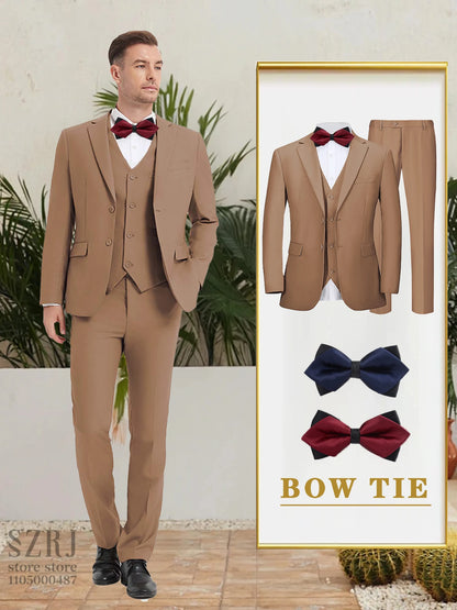 Men's 5-Piece Business Suit Set: Jacket+Vest+Pants+2 Bow Ties (Red+Blue).Premium, Tailored， For Parties, Weddings, Business.