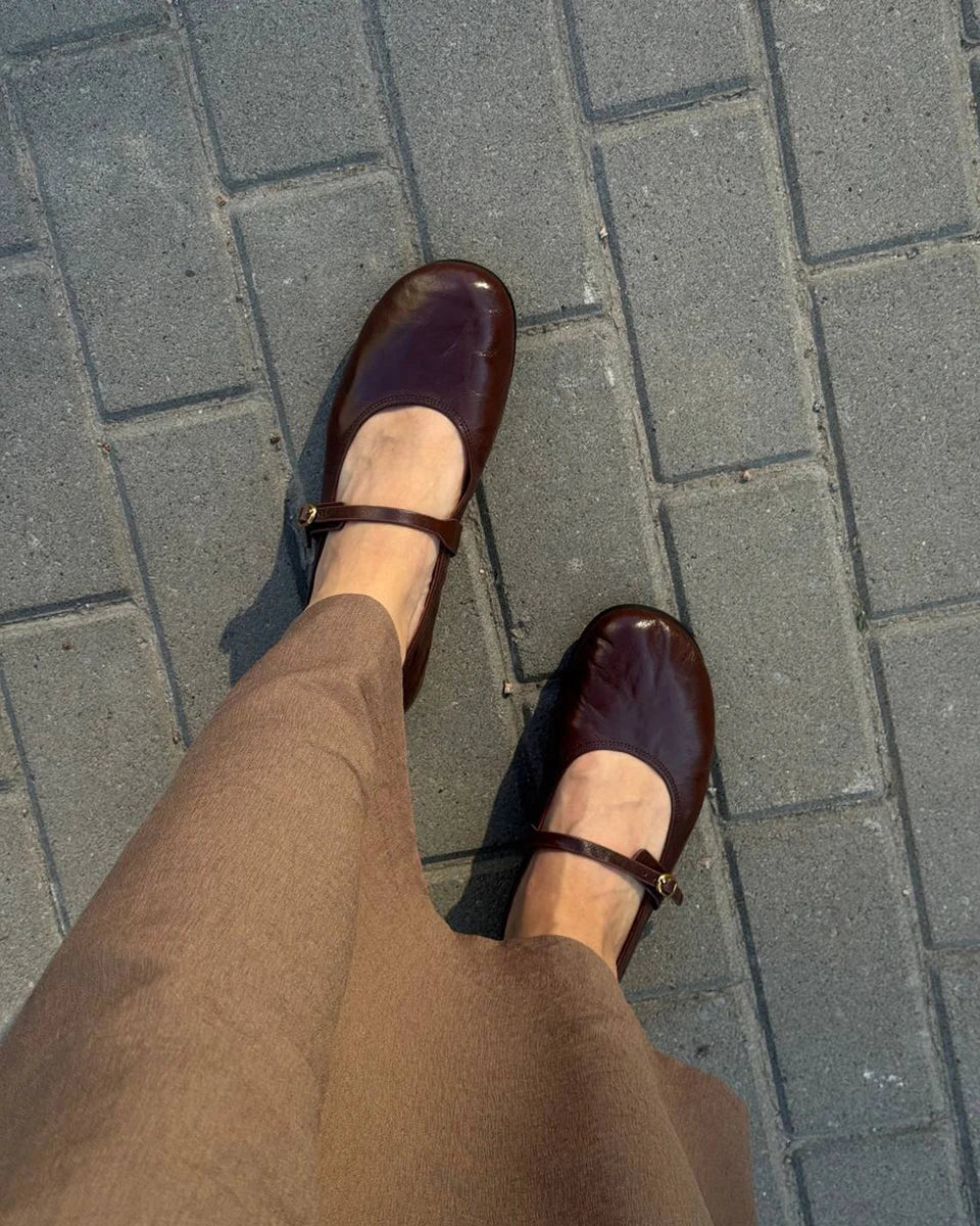 Mary Janes Women Calfskin Leather Round Toe Pleated Pattern Buckle Strap Solid Color Flat Shoes Ladies Handmade 28337