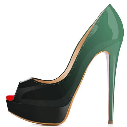 2026 New Women Pumps Sexy Platform Peep Toe 14cm Extremely High Heels Stiletto Patent Leather Party Nighclub Red Wedding Shoes