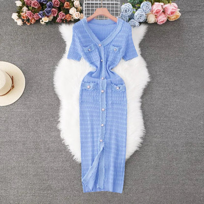 Women Knitted Long Dress Elegant V-neck Single-breasted Split Sweater Dress Office Lady Vestidos