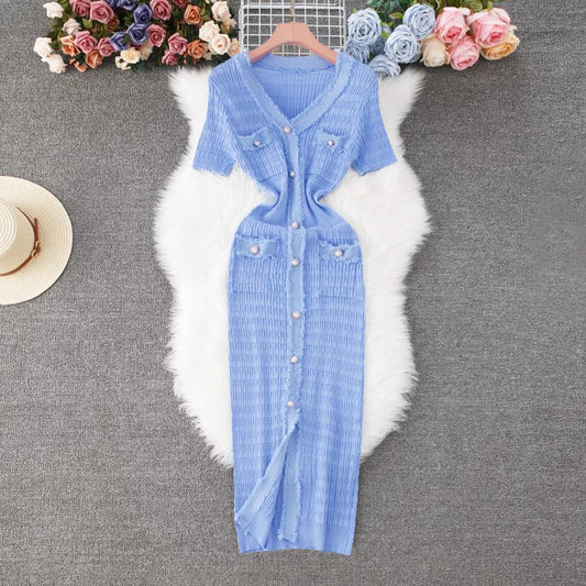 Women Knitted Long Dress Elegant V-neck Single-breasted Split Sweater Dress Office Lady Vestidos