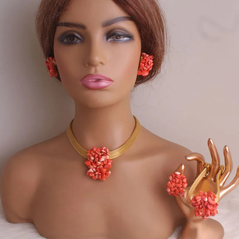 African Wedding Coral Beaded Fine Jewelry Set For Women High Quality 2023